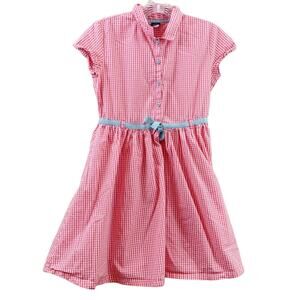 GAP Kids Gingham Short Sleeve Fit & Flare Midi Pink/White/Sky Blue Dress